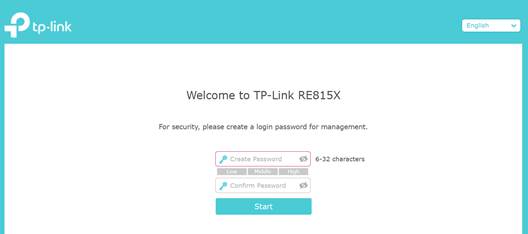 ALT-Text: Begrüßungsseite der Web-Verwaltung des TP-Link RE815X mit der Aufforderung, ein Anmeldepasswort zu erstellen.