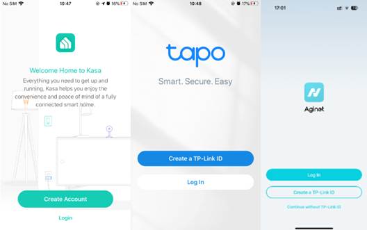 ALT-Text: Anmeldebildschirme der Apps Kasa, Tapo, Aginet und Deco mit den Schaltflächen „Konto erstellen“ und „TP-Link-ID erstellen“.