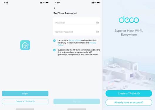 ALT-Text: App-Bildschirme zur Passworteinrichtung mit Kontrollkästchen für die Nutzungsbedingungen sowie der Anmeldebildschirm der Deco-App.