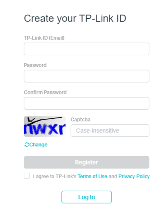 ALT-Text: Web-Registrierungsformular mit den Feldern „TP-Link-ID erstellen“.