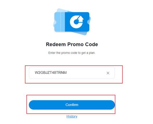 ALT-Text: Seite „Redeem Promo Code“ mit hervorgehobenem Code-Eingabefeld und der Option „Confirm“.
