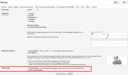 ALT-Text: Wählen Sie in den Einstellungen für gefilterte E-Mails „Filter nicht außer Kraft setzen“ aus.