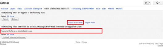 ALT-Text: Suchen Sie die Option „Neuen Filter erstellen“ und überprüfen Sie die derzeit blockierten E-Mail-Adressen.