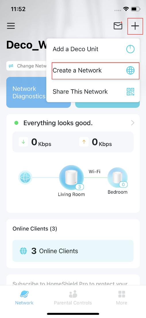 ALT-Text: Registerkarte „Netzwerk“ in der Deco-App; das Pluszeichen und „Netzwerk erstellen“ sind mit roten Rahmen hervorgehoben.