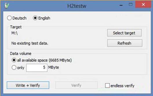 ALT-Text: H2testw-Testseite mit ausgewählter Option „gesamter verfügbarer Speicher“.