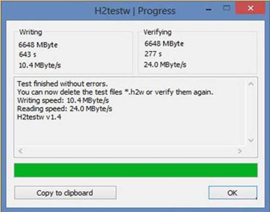 ALT-Text: H2testw-Testergebnis mit Schreibbereich und geprüftem Bereich sowie Schreib- und Lesegeschwindigkeit.