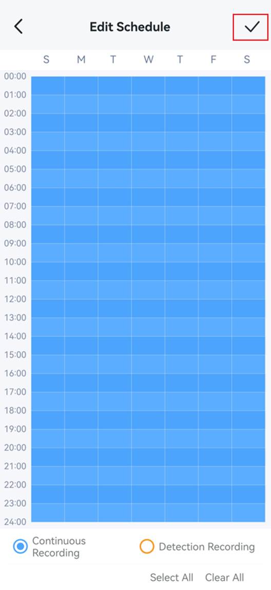 ALT-Text: Screenshot des Wochenrasters für den Aufnahmezeitplan mit blau markierten Zeitblöcken für die kontinuierliche Aufnahme.