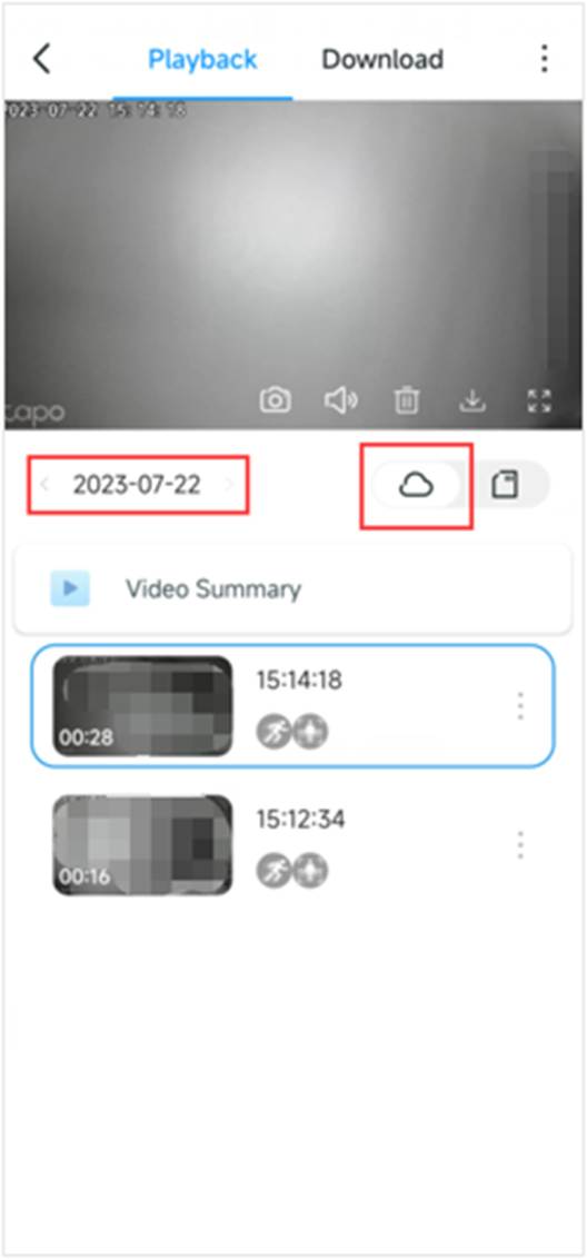 ALT-Text: Schaltfläche für Cloud-Videos und Schaltfläche zur Datumsauswahl.