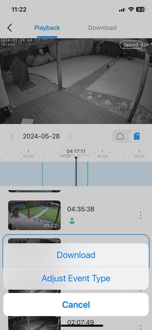 ALT-Text: Option „Ereignistyp anpassen“ nach dem Tippen auf die drei Punkte rechts neben dem entsprechenden Video.