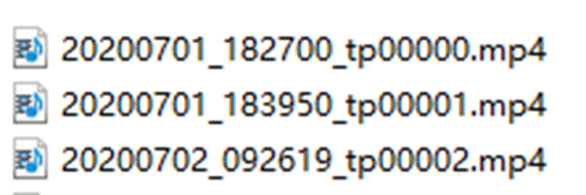 ALT-Text: Liste von MP4-Videodateien auf einer SD-Karte mit Datums- und Uhrzeitpräfixen, die normal aufgezeichnete und abspielbare Videodateien kennzeichnen.