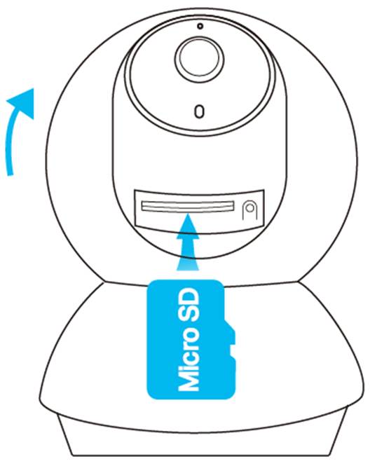 ALT-Text: Schwenk-/Neigekamera mit nach oben geneigtem Objektiv; der microSD-Kartensteckplatz ist sichtbar.