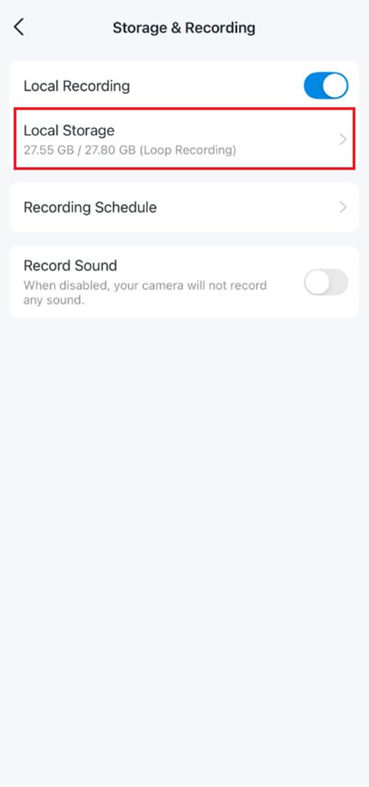 ALT-Text: Position der Schaltfläche „Lokaler Speicher“ in der Tapo-App.