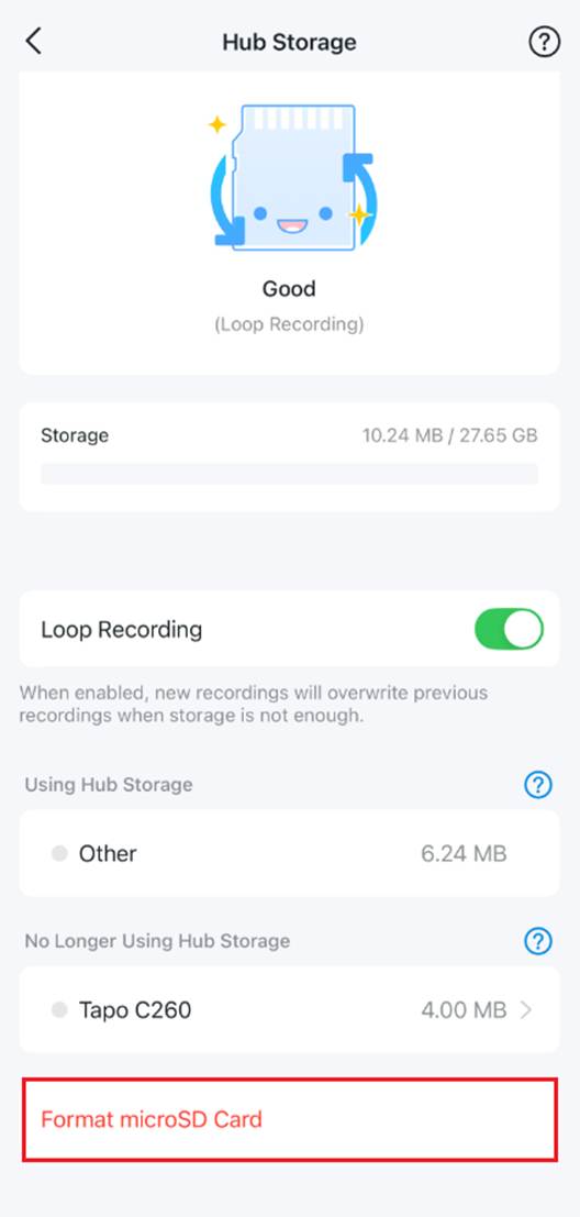 ALT-Text: Position der Schaltfläche „microSD-Karte formatieren“ in der Tapo-App.