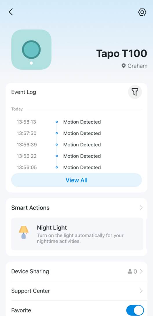 ALT-Text: Gerätestatusseite der Tapo-App mit dem Ereignisprotokoll eines Tapo-T100-Sensors, in dem aktuelle Aktivitäten wie „Bewegung erkannt“ aufgeführt sind. Tippen Sie auf „Alle anzeigen“, um den vollständigen Aktivitätsverlauf des Geräts anzuzeigen.