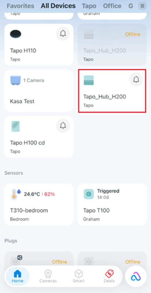 ALT-Text: Position der Gerätekarte auf der Startseite der Tapo-App.