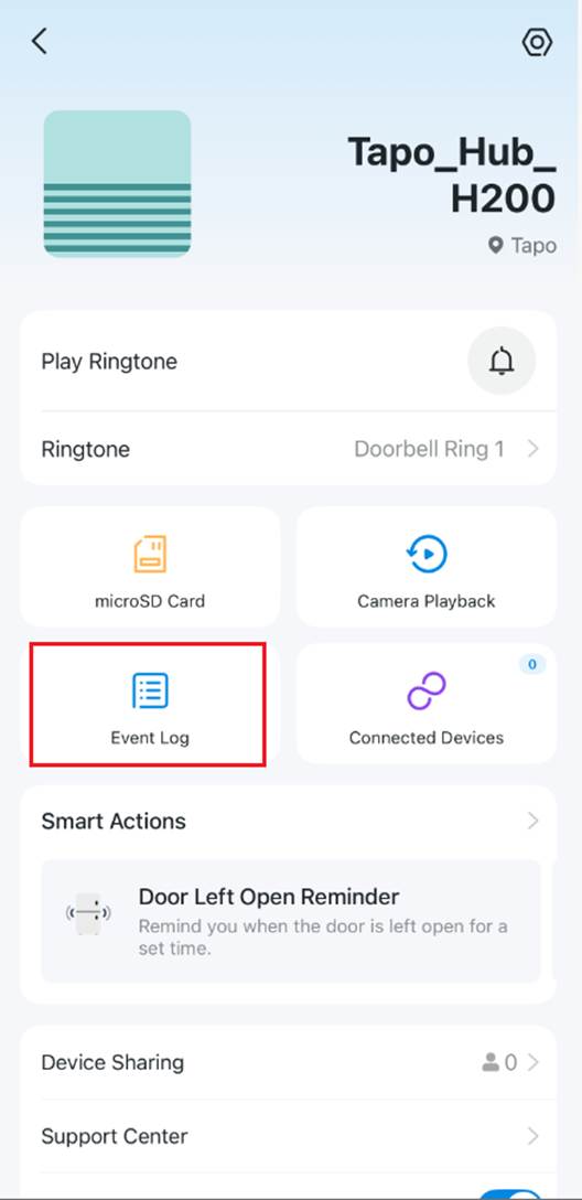 ALT-Text: Position der Option „Ereignisprotokoll“ in der Tapo-App.