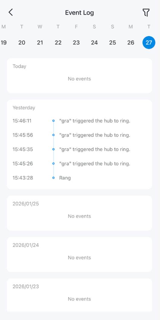 ALT-Text: Seite „Ereignisprotokoll“ in der Tapo-App mit detaillierten Aktivitätseinträgen nach Datum und Uhrzeit, einschließlich durch den Hub ausgelöster Ereignisse und Klingelaktionen. Sie können scrollen, um ältere Ereignisse anzuzeigen, und auf das Filtersymbol tippen, um die Aktivitätsliste einzugrenzen.