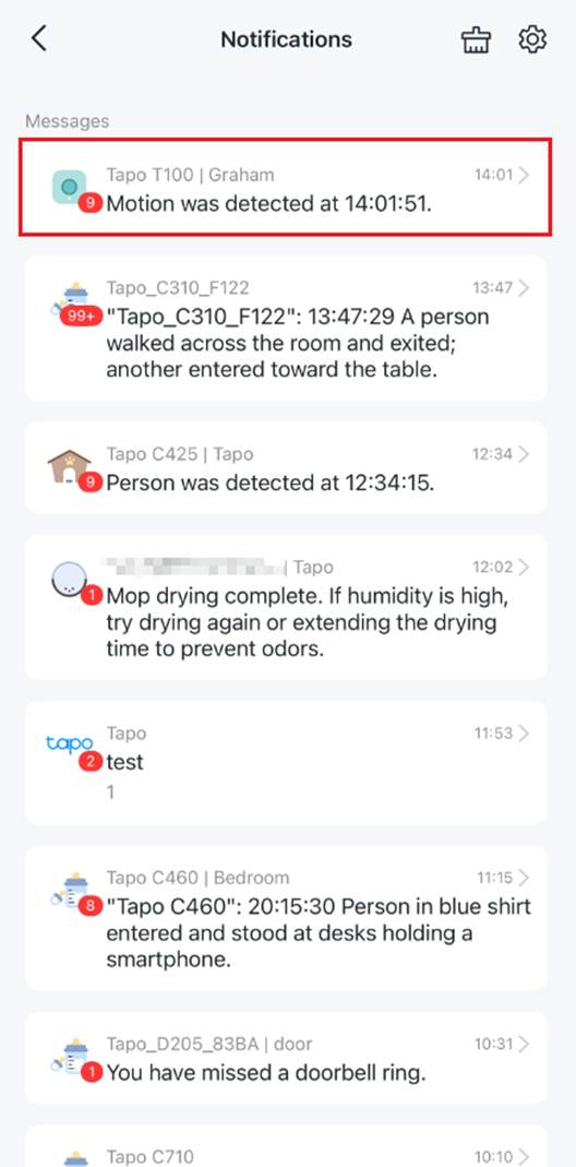ALT-Text: Benachrichtigungsseite der Tapo-App mit detaillierten Aktivitätseinträgen nach Datum und Uhrzeit, einschließlich durch den Hub ausgelöster Ereignisse und Klingelaktionen.