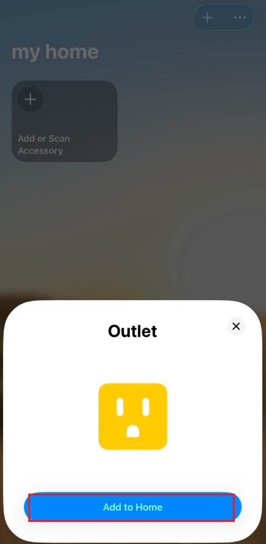ALT-Text: Bildschirm „Steckdose“ in Apple Home mit gelbem Steckdosensymbol und hervorgehobener Schaltfläche „Zu Home hinzufügen“.