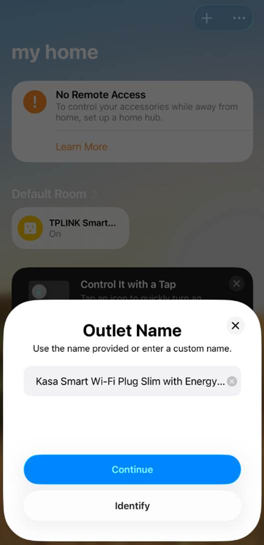 ALT-Text: Dialogfeld „Name der Steckdose“ in Apple Home mit „Kasa Smart Wi-Fi Plug Slim with Energy“ als Standardnamen.