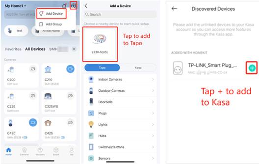 ALT-Text: Dreiteilige Ansicht der Tapo/Kasa-App mit dem Menü „Gerät hinzufügen“, der Geräteliste und dem Bildschirm „Gefundene Geräte“ mit einem TP-LINK Smart Plug.