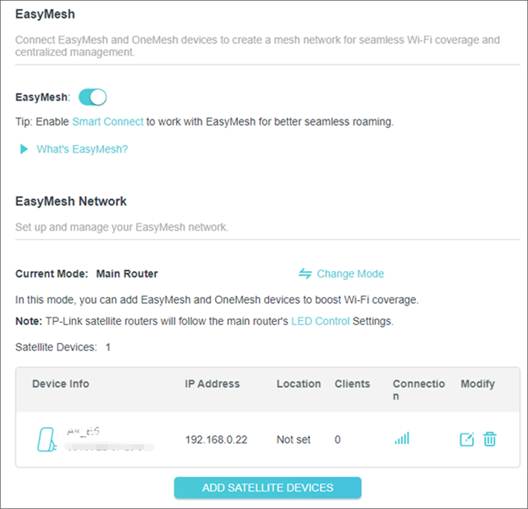ALT-Text: EasyMesh-Seite mit einem Repeater unter „Satellitengeräte“.