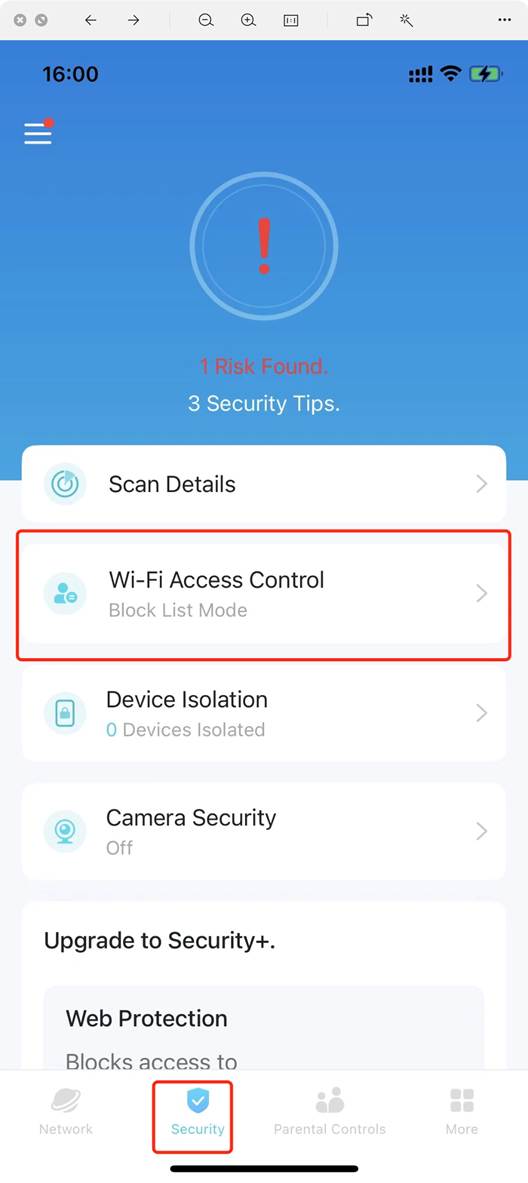 ALT-Text: Tippen Sie auf das Modul „WLAN-Zugriffskontrolle“.