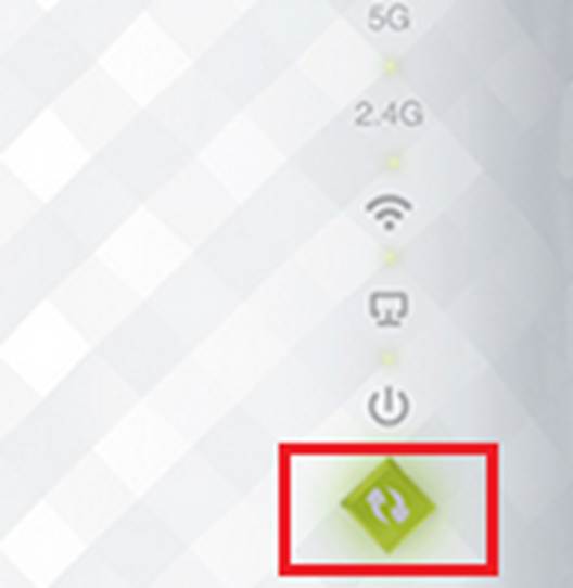 ALT-Text: WLAN-Repeater RE200 mit rot markierter Signalstärke-LED sowie 5-GHz- und 2,4-GHz-Anzeigen.