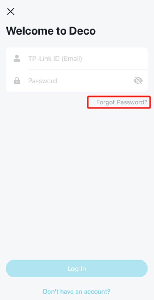 ALT-Text: Anmeldebildschirm der Deco-App mit rot markiertem Link „Forgot Password?“ unter dem Passwortfeld.