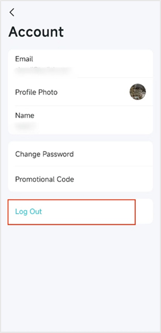 ALT-Text: Kontoseite der Deco-App mit E-Mail-Feld, Option „Change Password“ und hervorgehobener Schaltfläche „Log Out“.