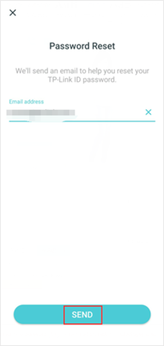 ALT-Text: Passwort-Zurücksetzungsbildschirm der Deco-App mit E-Mail-Eingabefeld und hervorgehobener Schaltfläche SEND.