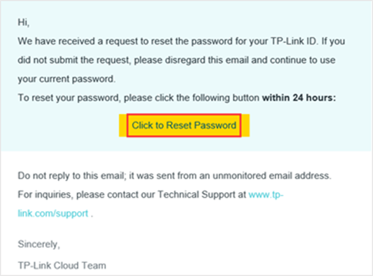 ALT-Text: Beispiel einer TP-Link-E-Mail zum Zurücksetzen des Passworts, mit hervorgehobener Schaltfläche „Click to Reset Password“ und 24-Stunden-Frist.