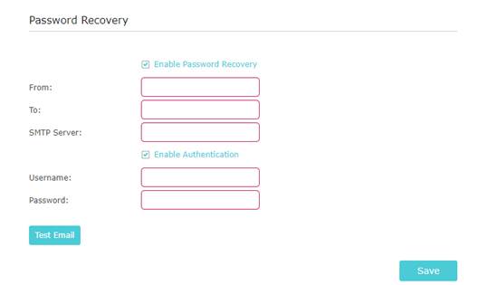 ALT-Text: Seite mit aktivierter Passwortwiederherstellung und Authentifizierung sowie den fünf Feldern From, To, SMTP Server, Username und Password.