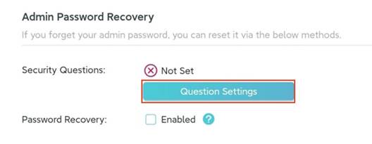 ALT-Text: Bereich Admin Password Recovery mit hervorgehobener Option Question Settings.