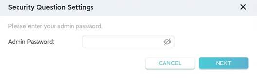 ALT-Text: Seite Security Question Settings mit Aufforderung zur Eingabe des Administratorpassworts.