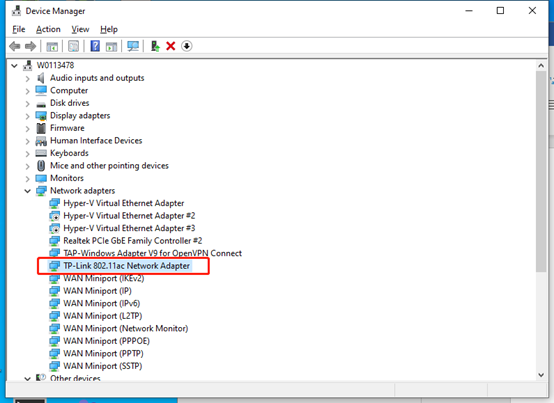 ALT-Text: Windows-Geräte-Manager mit markiertem „TP-Link 802.11ac Network Adapter“ unter Netzwerkadapter.