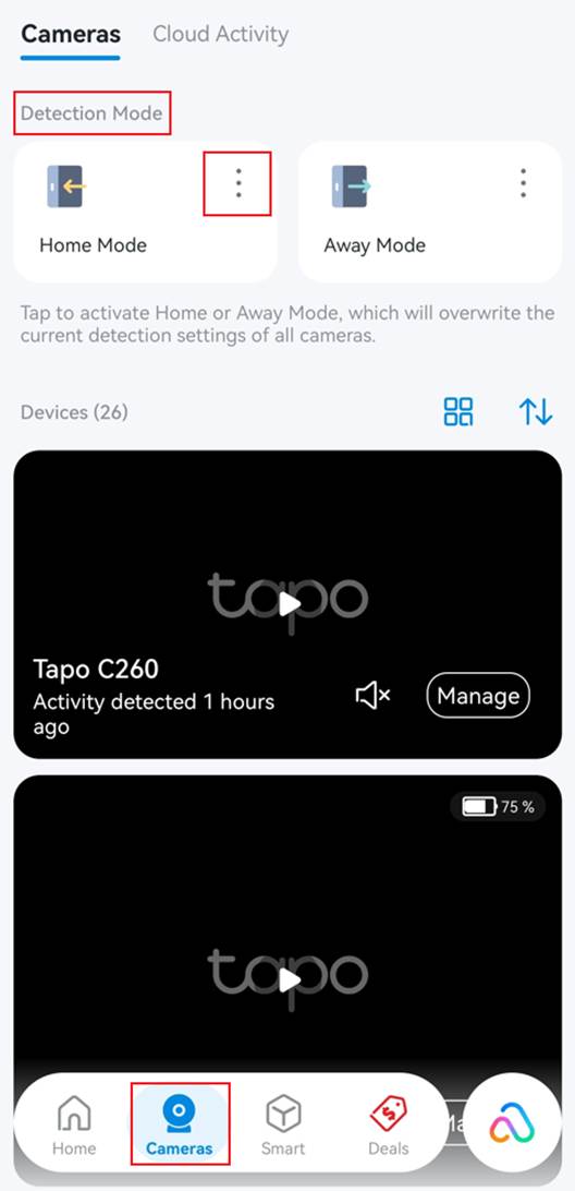 ALT-Text: Tippen Sie in der Registerkarte Kameras der Tapo-App auf die Schaltfläche mit den drei Punkten auf der Karte des Zuhause- oder Abwesenheitsmodus.