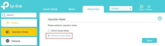 ALT-Text: Option „Wireless Router Mode“ auf der Seite auswählen.
