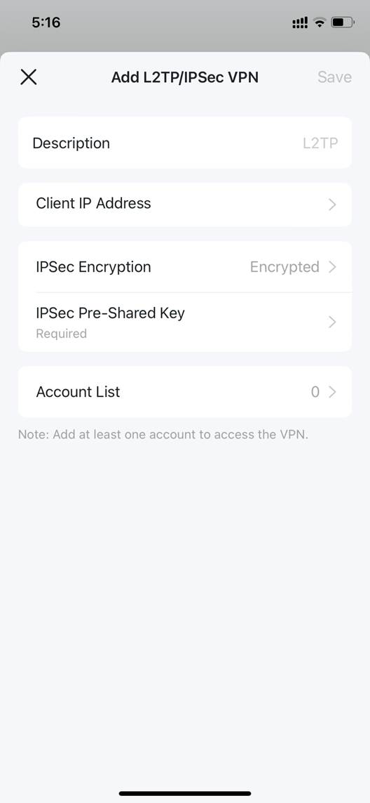 ALT-Text: Deco-App mit Formular zum Hinzufügen einer L2TP/IPSec-VPN-Konfiguration.