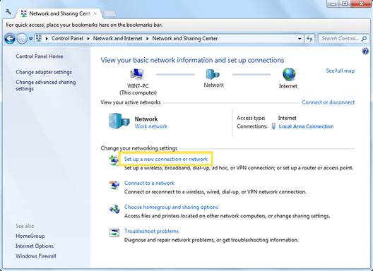 ALT-Text: Windows-Netzwerk- und Freigabecenter mit hervorgehobener Option „Neue Verbindung oder neues Netzwerk einrichten“.