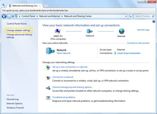 ALT-Text: Windows-Netzwerk- und Freigabecenter mit hervorgehobener Option „Adaptereinstellungen ändern“.