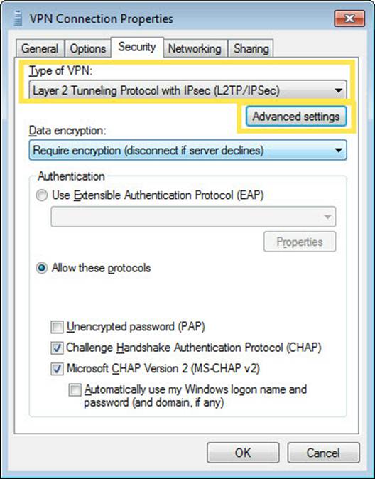 ALT-Text: Windows-Eigenschaften der VPN-Verbindung mit geöffneter Registerkarte Sicherheit und ausgewähltem L2TP/IPSec-Typ.