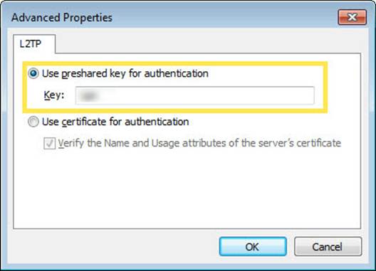 ALT-Text: Windows-Dialog mit erweiterten L2TP-Eigenschaften und ausgewählter Authentifizierung über einen vorinstallierten Schlüssel.