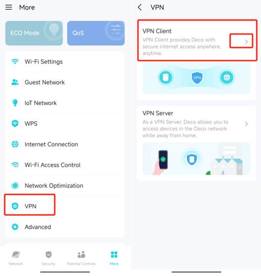 ALT-Text: Deco-App mit hervorgehobener VPN-Option im Menü Mehr und ausgewähltem VPN-Client.