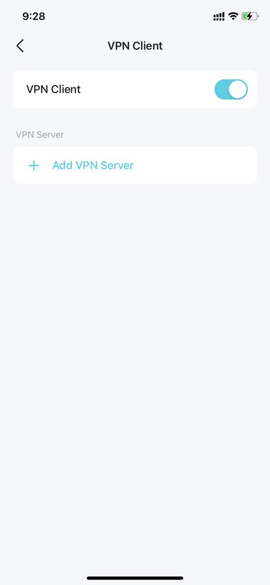 ALT-Text: Deco-App mit aktiviertem VPN-Client-Schalter und sichtbarer Option VPN-Server hinzufügen.