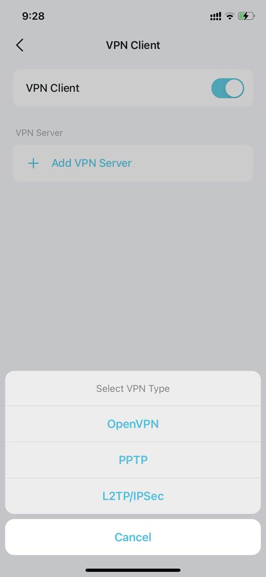 ALT-Text: Deco-App mit VPN-Typ-Auswahl für OpenVPN, PPTP und L2TP/IPSec.