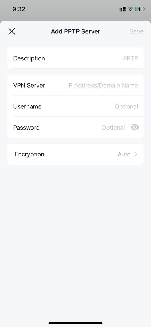 ALT-Text: Deco-App-Formular für PPTP mit Beschreibung, VPN-Server, Benutzername, Passwort und Verschlüsselung.