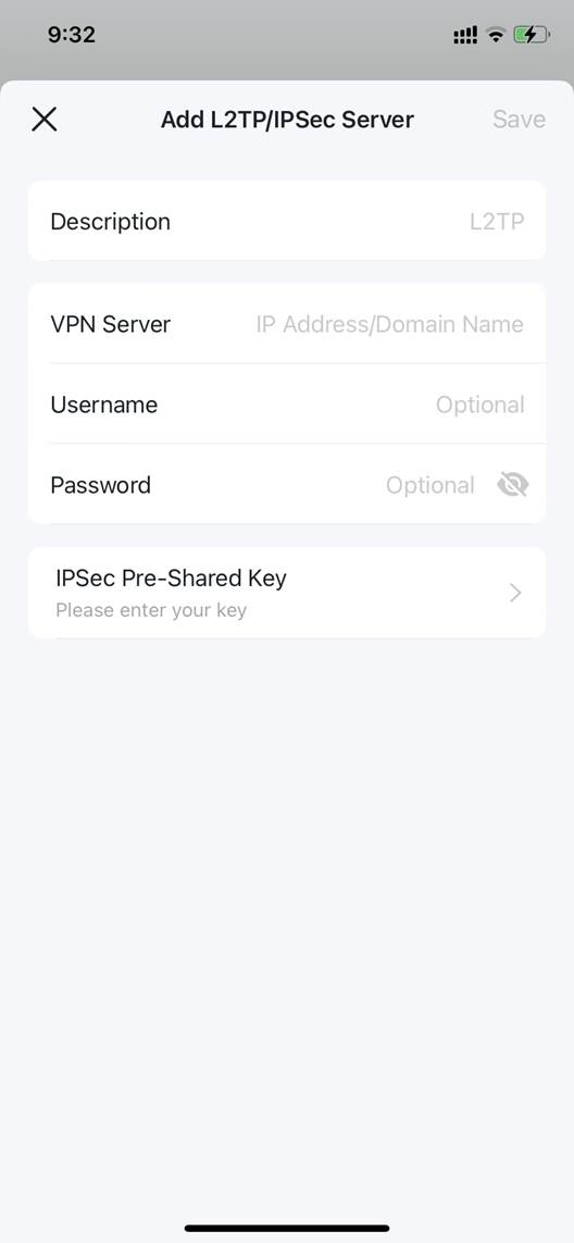 ALT-Text: Deco-App-Formular für L2TP/IPSec mit Beschreibung, VPN-Server, Benutzername, Passwort und vorinstalliertem IPSec-Schlüssel.