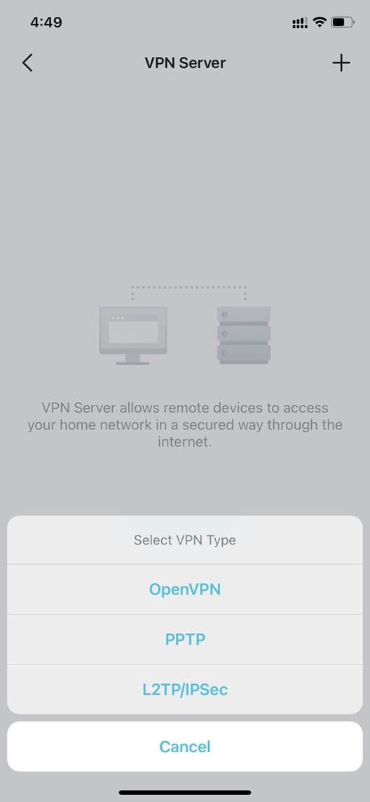 ALT-Text: Deco-App-Ansichten mit VPN-Typ-Auswahl und Formular zum Hinzufügen einer OpenVPN-Konfiguration.