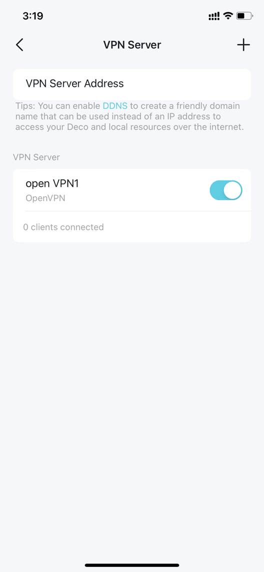 ALT-Text: Deco-App mit aktiviertem OpenVPN-Schalter auf der VPN-Server-Seite.